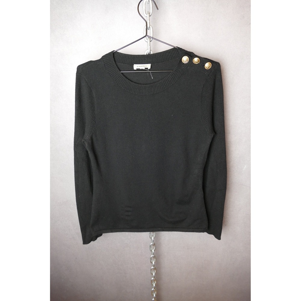 L'AGENCE Black Crew Neck Erika Sweater Gold‎ Buttons Size Small Slim Knit